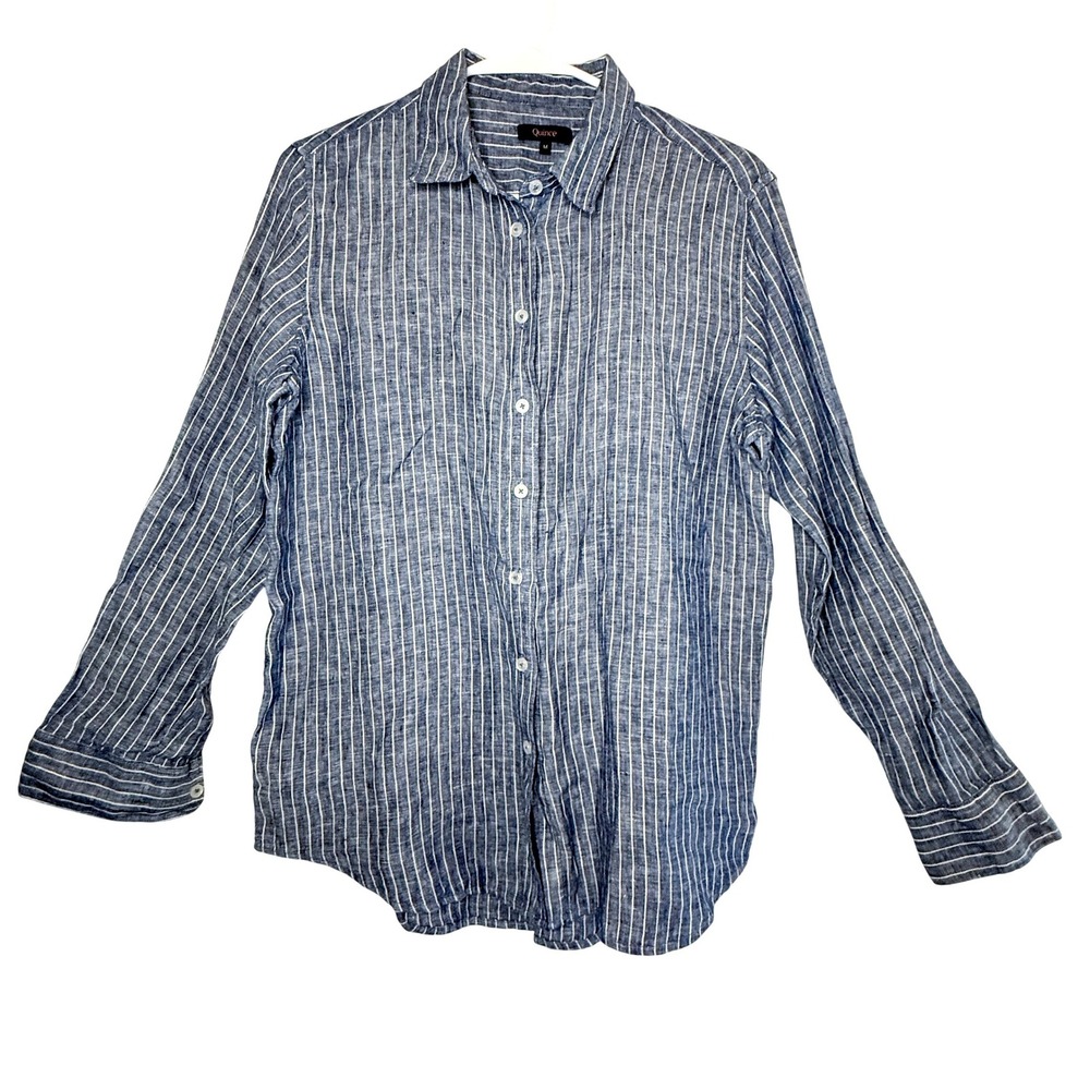 Quince Women's M Blue White Stripe 100% European Linen Button Down Shirt
